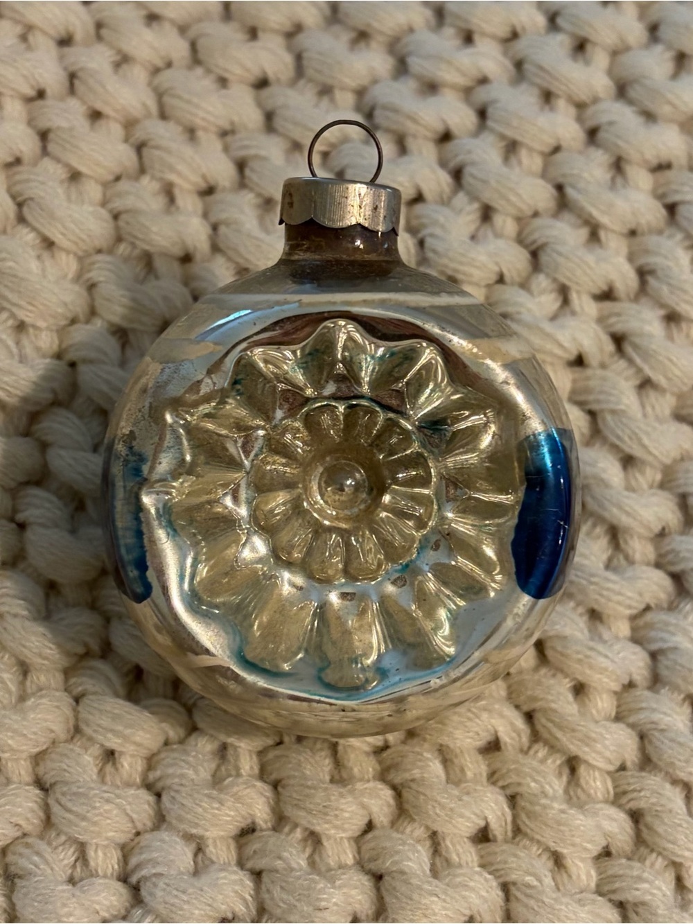 VTG USA Round Silver Blue White Indent Reflector Hand Blown Glass Ornament